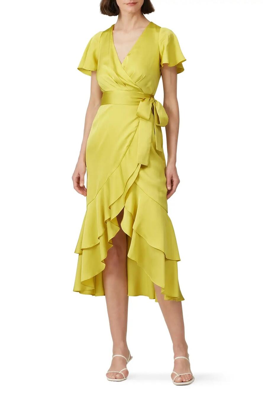 Great Jones Chartreuse Ruffled Flutter Sleeve V-Neck Wrap Midi Dress Size Medium